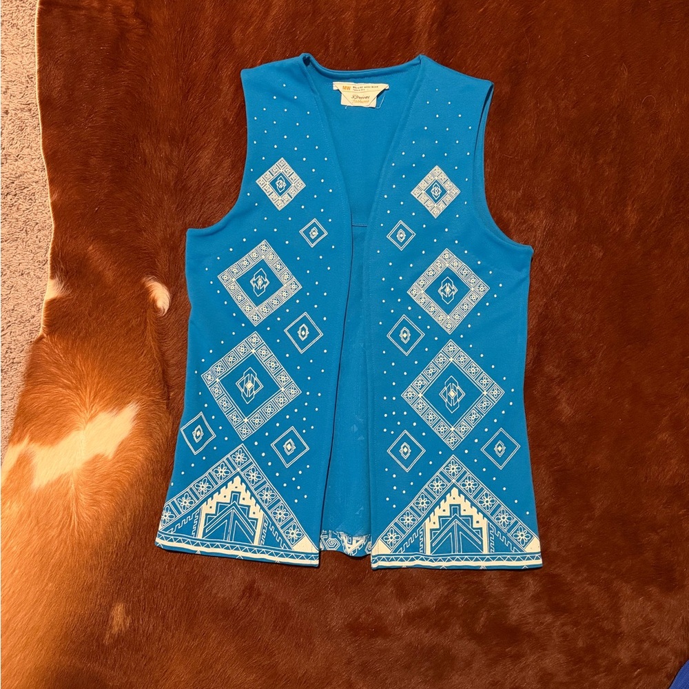 Vintage 1970s Southwestern Geometric long vest blue Medium